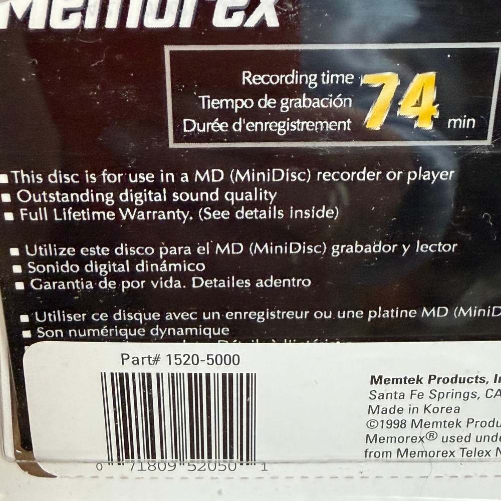Memorex Recordable MiniDisc 5 Pack 74 Minute Digital Recording MD 1520-5000 NEW - Picture 4 of 7